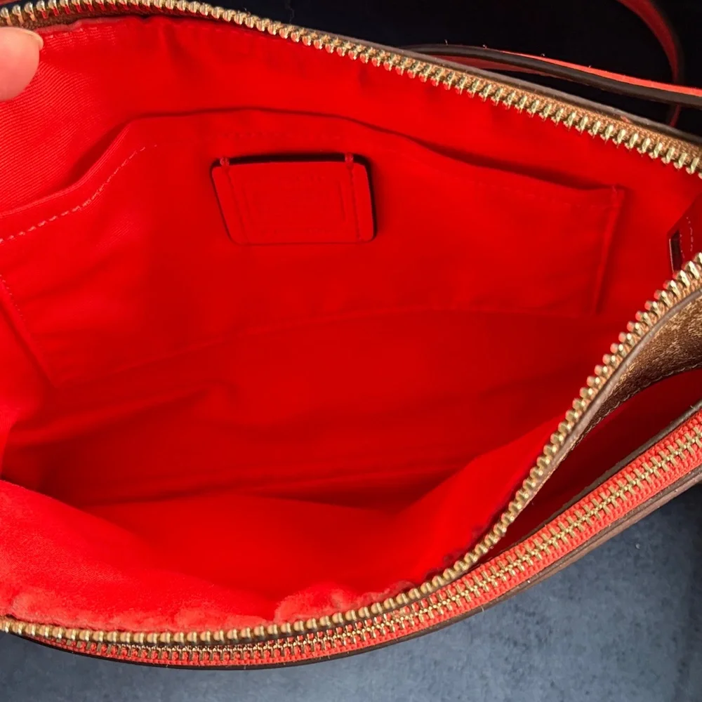 Coach Brown Logo and Coral Crossbody Bag with Removable Pouch and Zipper Top